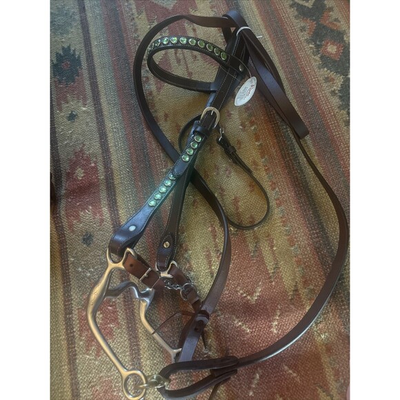 New With Tag Riata Green Jeweled Western Headstall,  Reins Used Bit - Picture 4 of 6